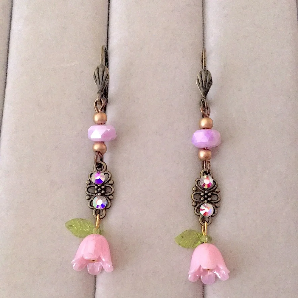 Aurora Borealis Crystal + Antique Brass Gold Pink Flower Boho Drop Earrings